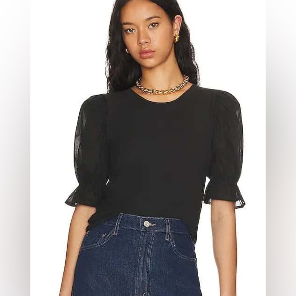 Nation LTD Bia Gathered Puff Short Sleeve 100% Cotton Black Tee/Blouse Size  XS